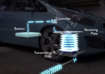 Diagram of a car's wireless inductive charging system showing the battery, controller, and transmitting and receiving plates