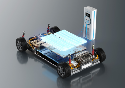 3D rendering of an electric vehicle battery chassis charging at a station, illustrating a battery electric vehicle powertrain development strategy project