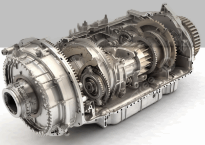 3D CAD cutaway render of a gearbox assembly, illustrating a simulation-driven gearbox development and innovation project
