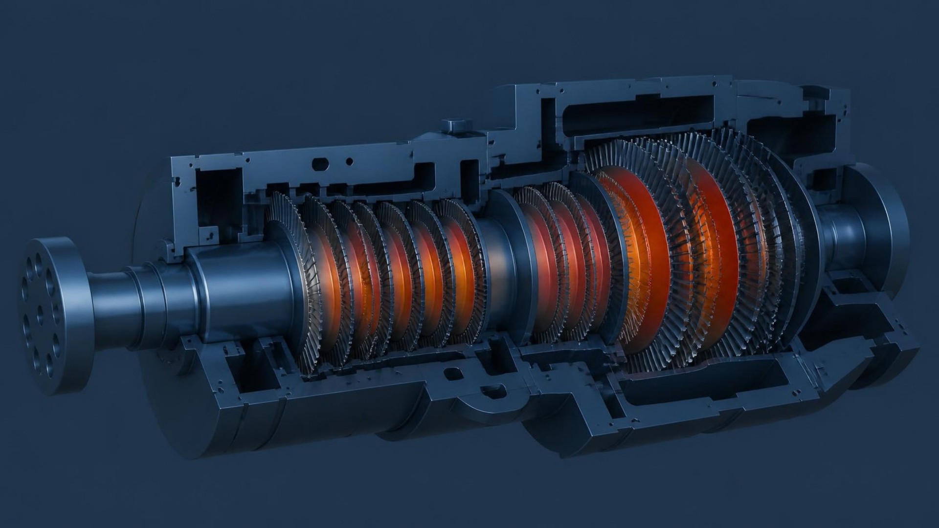 Cutaway 3D CAD visualization of a steam turbine rotor with an orange-red thermal gradient overlay on the rotor discs, illustrating thermal stress and fatigue analysis